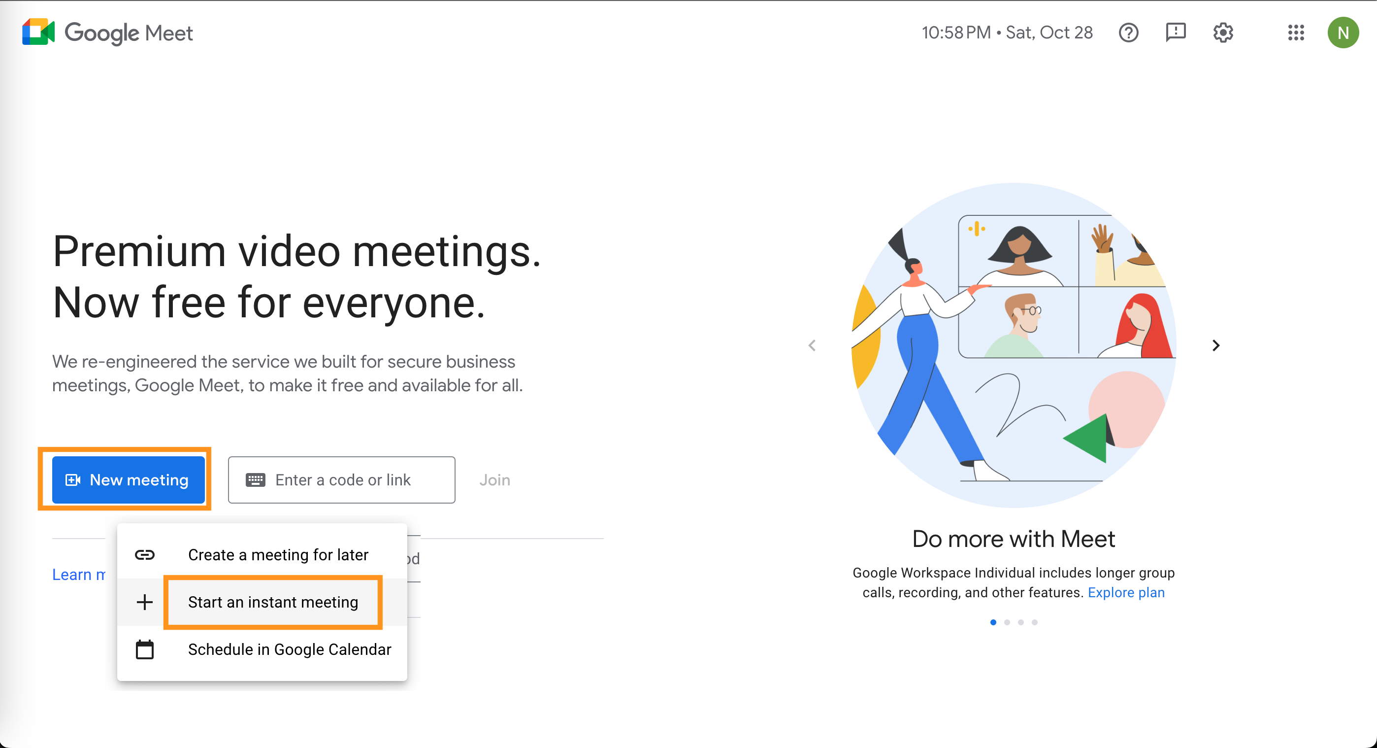 Tạo cuộc họp trên google meet